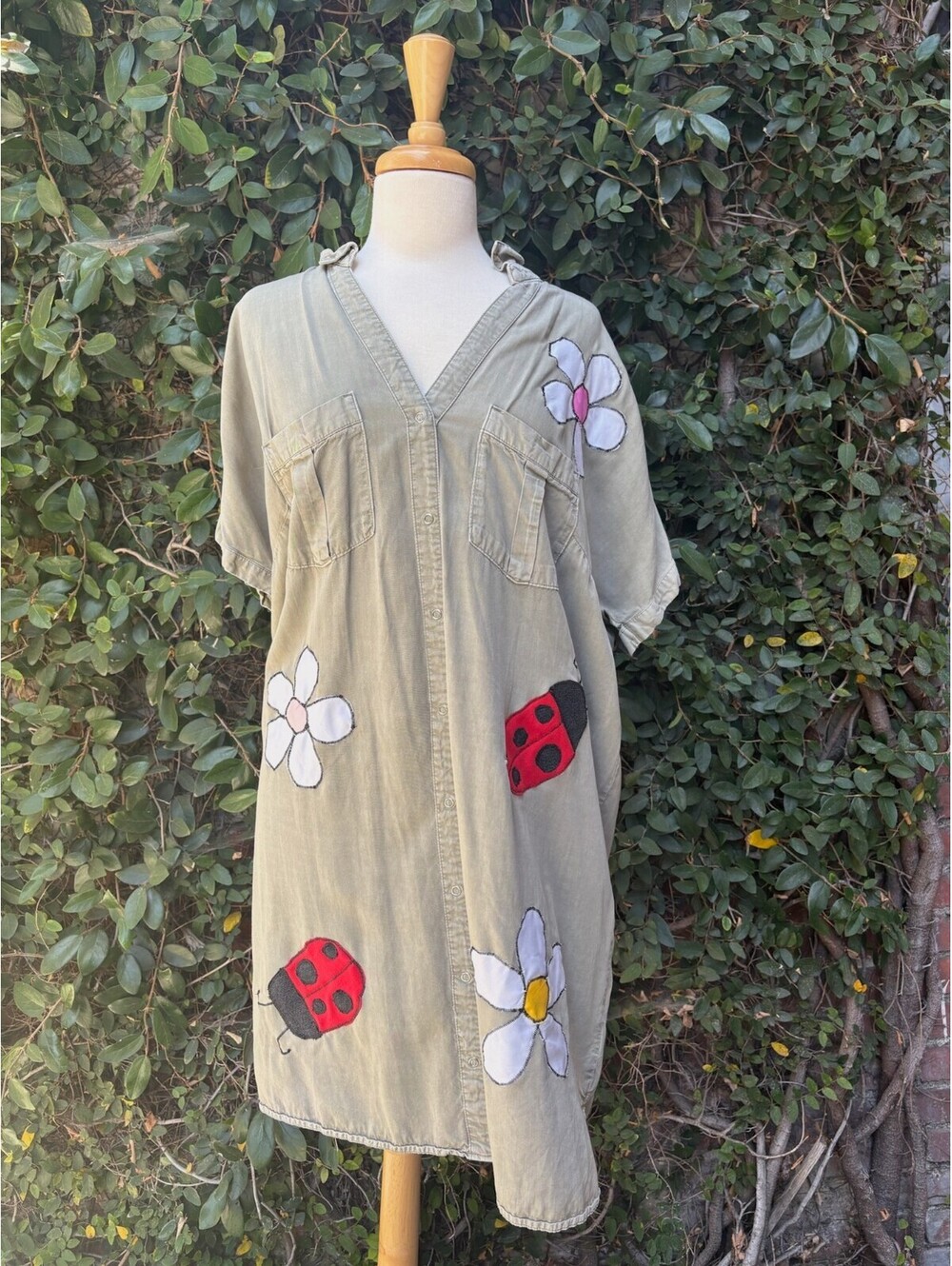 Upcycled chambray shirt dress daisy ladybug appliqué